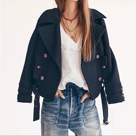 Free People Cecelia Wool Peacoat Military Wool Belted Jacket Coat - Picture 1 of 10
